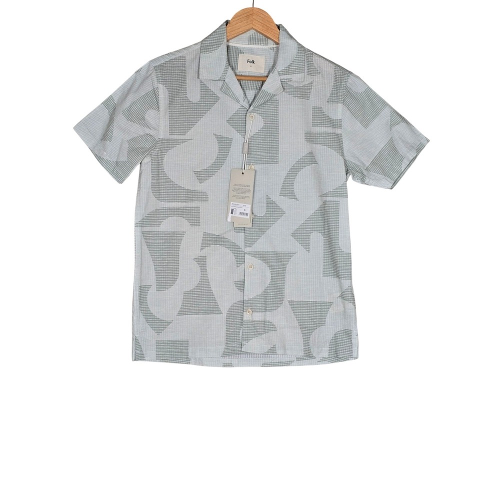 NWT Folk Men's 100% Cotton Bays Seersucker Abstract Camp Shirt Sage Small